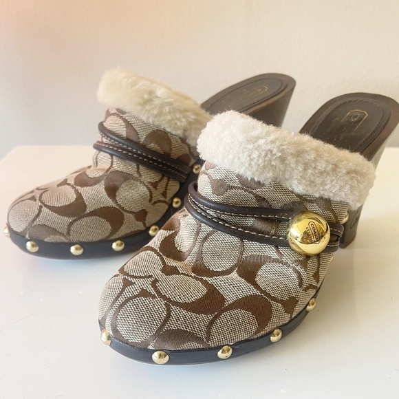 COACH fur trim Ivanka monogram heel clogs - Picture 1 of 13